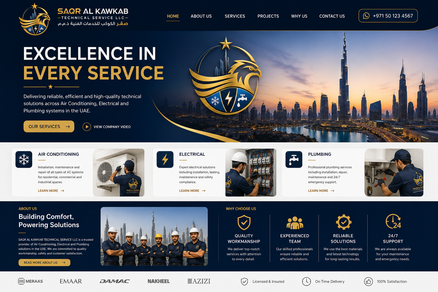 SAQR AL KAWKAB technical service website design by StriGrow Technologies