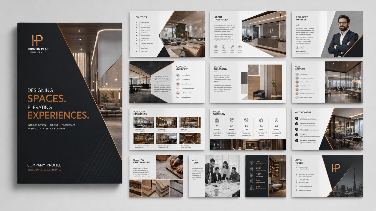 Horizon Pearl Interiors LLC company profile design by StriGrow Technologies